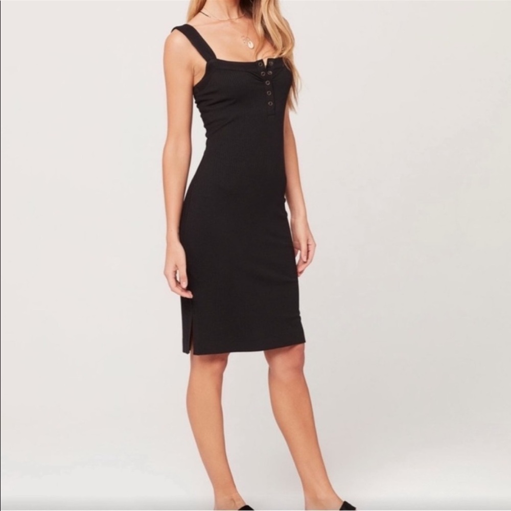 L*Space Black Ribbed Button Front Square Neck Bodycon Louise Midi Dress Size M